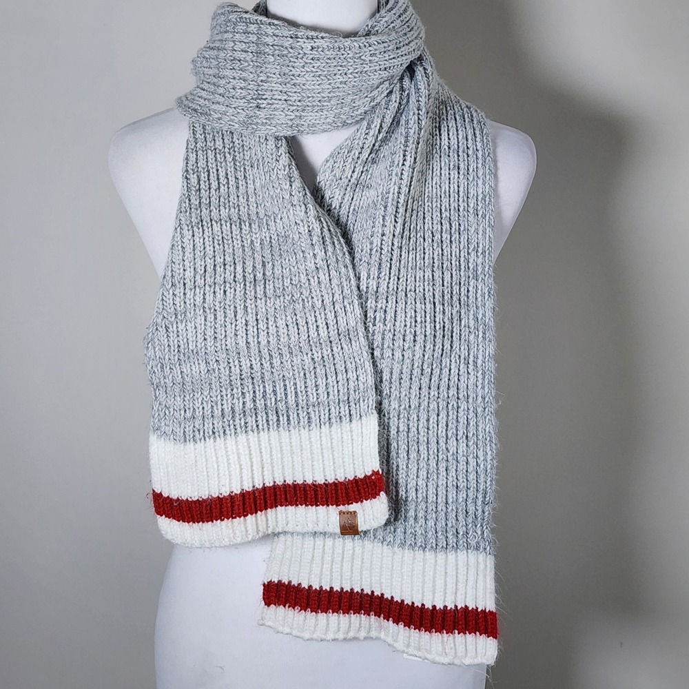 Great Northern Knit Scarf Grey White Red Striped Winter Sock Monkey Cabin Cozy